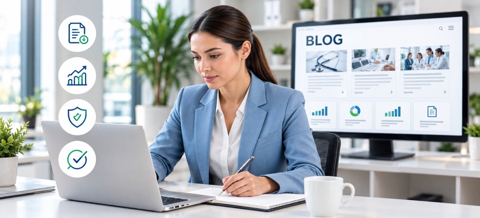 A healthcare billing specialist writing notes at her laptop, with a BLOG dashboard on the monitor behind her