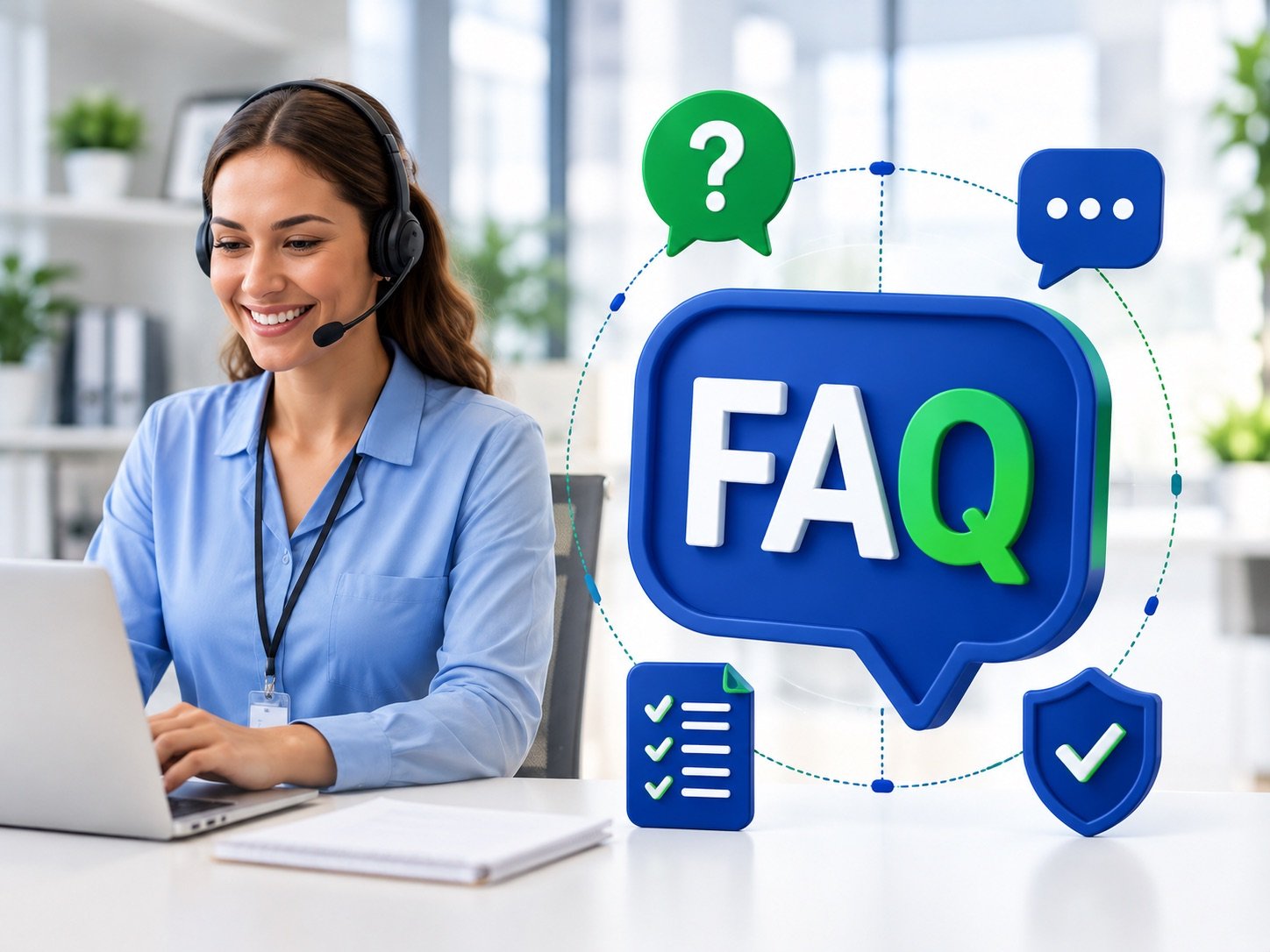 A SaMeD RCM support specialist wearing a headset at her laptop, beside a graphic of an FAQ speech bubble