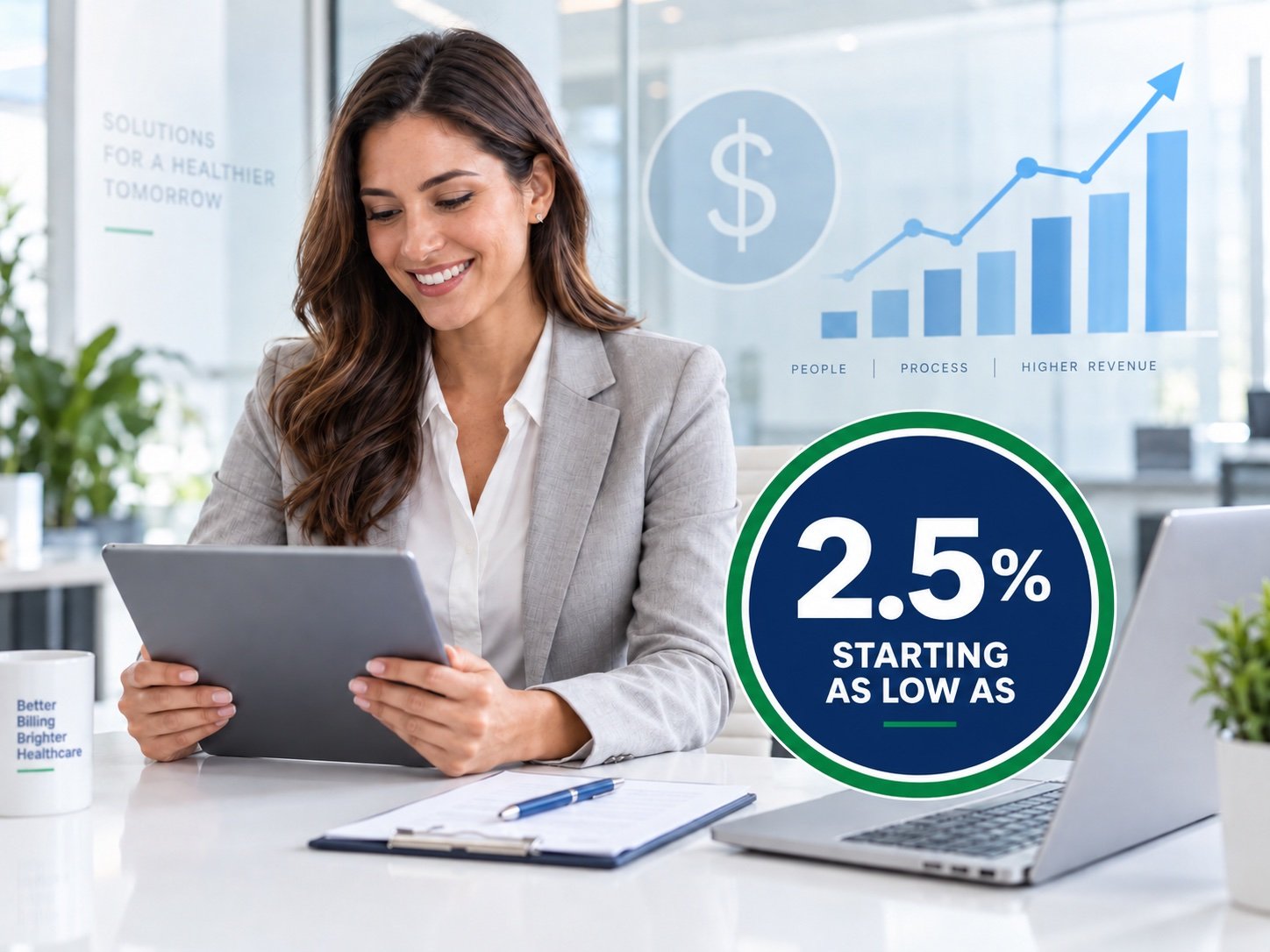 A practice manager reviewing revenue reports on a tablet, with a 2.5% starting as low as badge