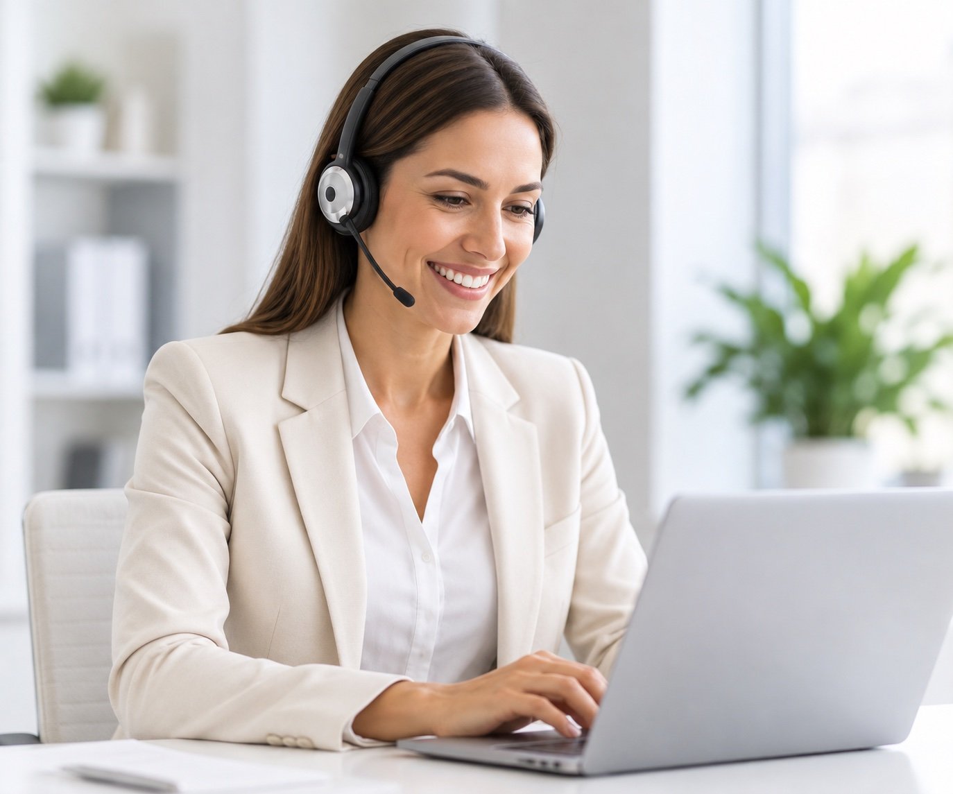 An RCM specialist wearing a headset, smiling while working at a laptop