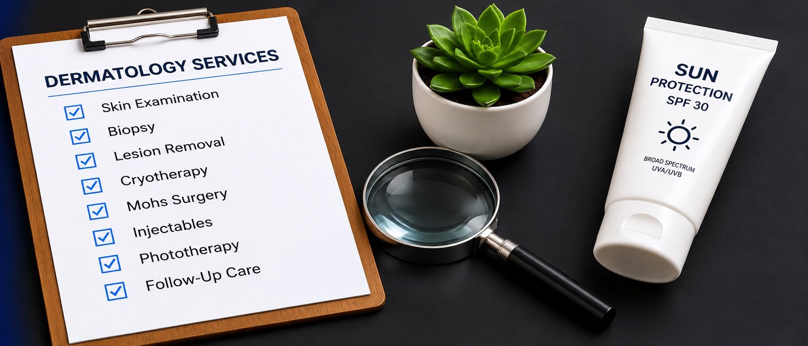 A dermatology services clipboard with a magnifying glass, a small plant and a sun protection tube