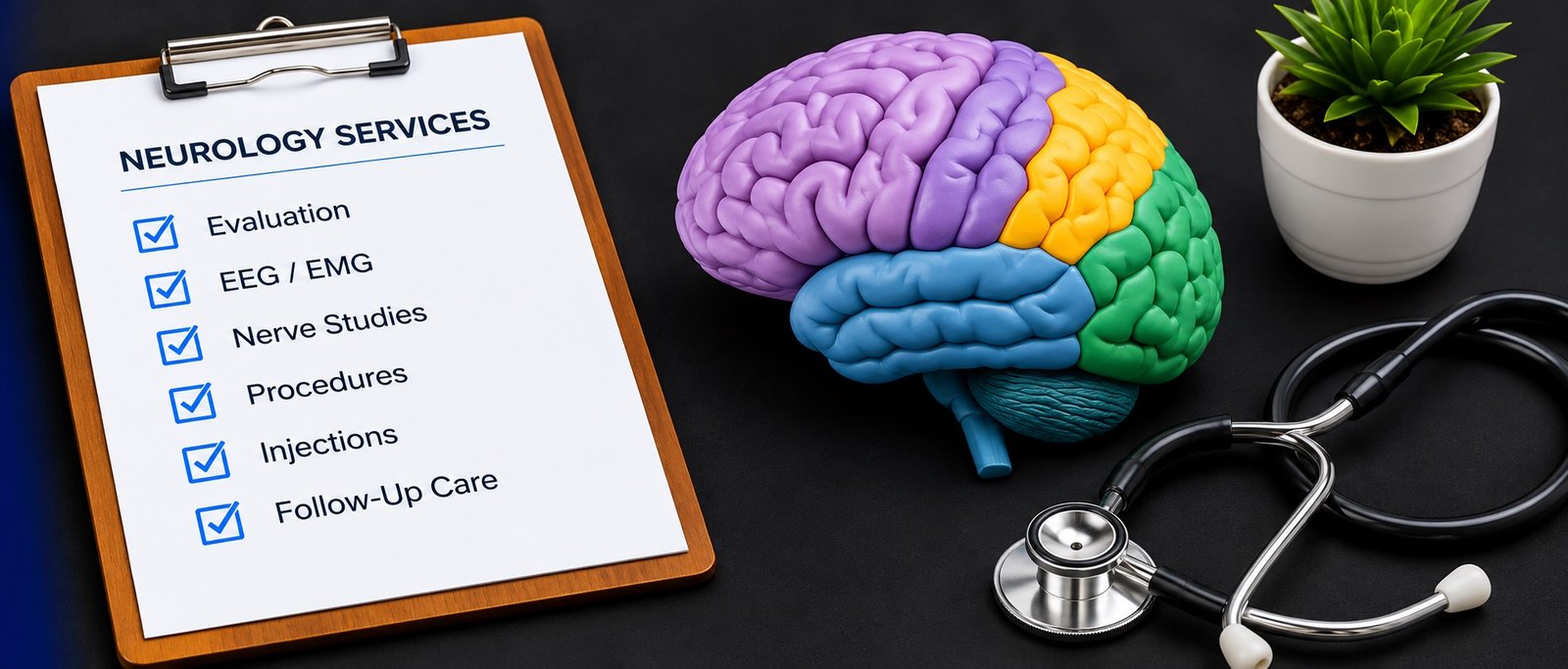 Illustration of a Neurology Services clipboard beside a colourful brain model, a stethoscope and a potted plant