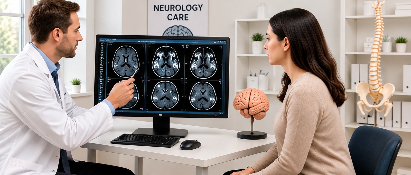 A neurologist pointing at brain scans on a monitor while explaining them to a female patient holding a brain model