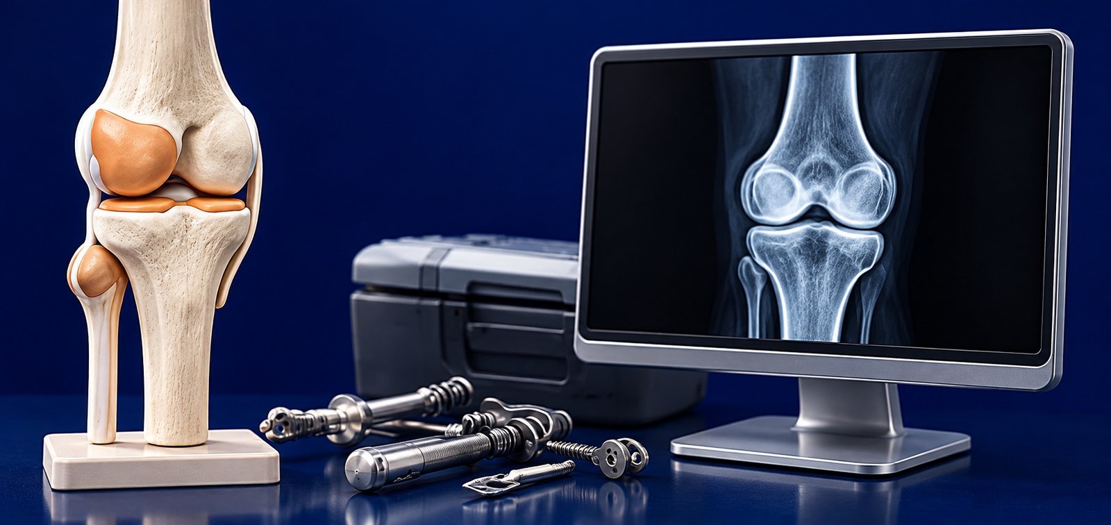Illustration of a knee joint model, surgical instruments, and a monitor showing a knee X-ray