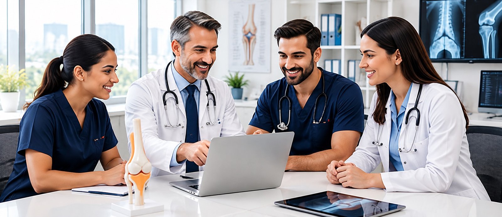 An orthopedic team of doctors and nurses smiling around a table with a laptop, a knee joint model and an X-ray