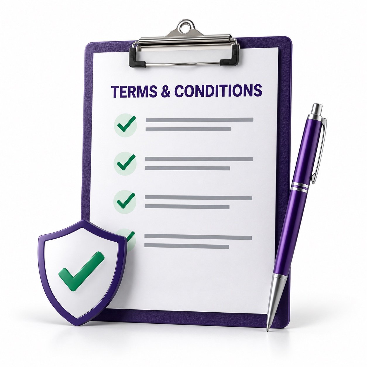 Clipboard headed Terms and Conditions with a checklist, a pen and a shield carrying a check mark