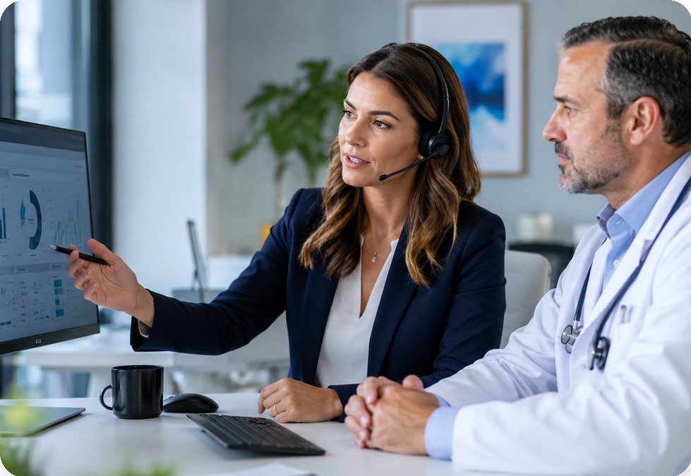 An account manager reviewing a revenue cycle dashboard with a physician