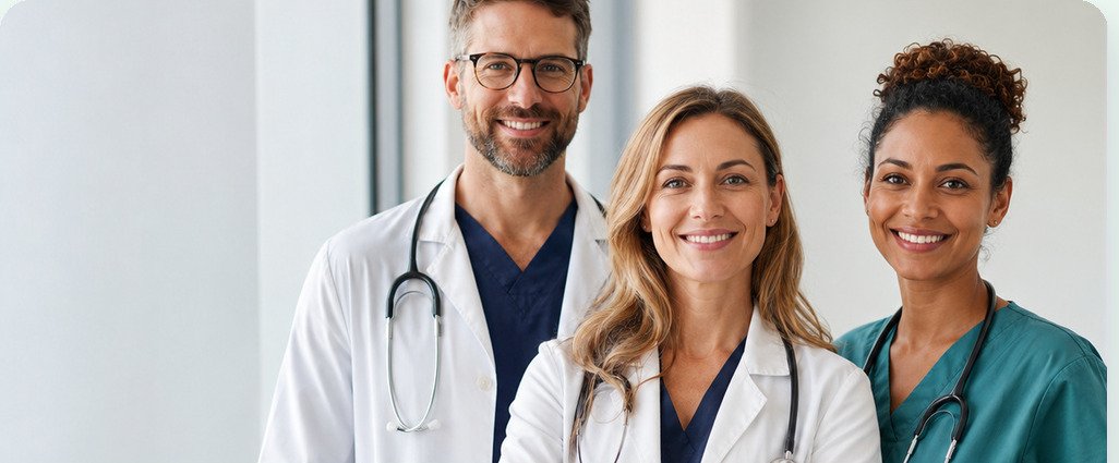 A physician, a clinician and a nurse standing together in a clinic